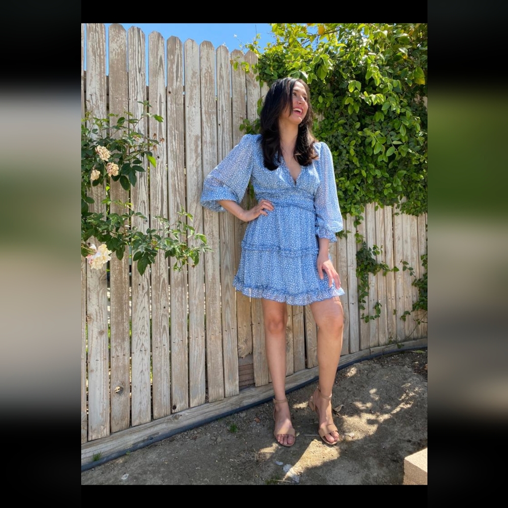 Amazon Deep V Neck Flowy Mini Dress, Size Small, Color Sky Blue